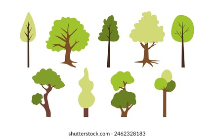 Colección de plantas forestales de hoja caduca y perennifolia aisladas sobre fondo blanco. Colección botánica de árboles desnudos y otros con hojas y coronas exuberantes. Ilustración vectorial plana sobre fondo blanco
