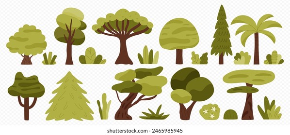 Colección de plantas y arbustos de selva baja caducifolia y perennifolia. Conjunto botánico de árboles con hojas y coronas exuberantes. Ilustración vectorial plana aislada sobre fondo blanco.