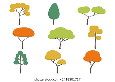 Sammlung von Laubpflanzen und immergrünen Pflanzen einzeln auf weißem Hintergrund. Reihe von verschiedenen Arten von Bäumen. Flachdesign-Stil für Vektorgrafik