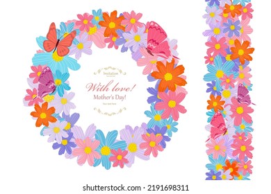 collection of decor elements with daisies and butterflies. floral seamless border and colorful wreath with flowers for your design