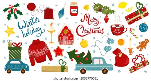 Collection of decor elements with lettering Merry Christmas and Happy New Year. Stylish illustration of winter leaves, toys, gifts, decorations. Template for scrapbooking stickers planner invitations