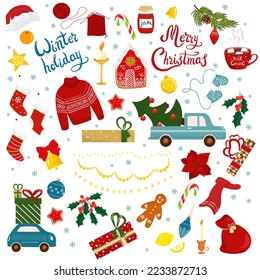 Collection of decor elements with lettering Merry Christmas and Happy New Year. Stylish illustration of winter leaves, toys, gifts, decorations. Template for scrapbooking stickers planner invitations