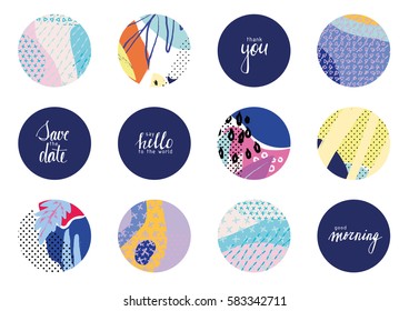 Collection of decor elements and stickers with hand drawn textures. Vector art for label design. Ideal for cards, posters, invitations. Isolated.