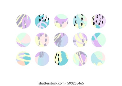 Collection of decor elements and stickers with hand drawn textures made by ink. Vector.