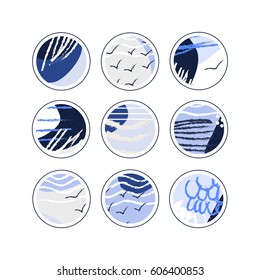 Collection of decor elements and stickers with hand drawn textures made by ink. Marine style. Vector.