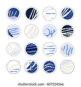 Collection of decor elements and stickers with hand drawn textures made by ink. Marine style. Vector.