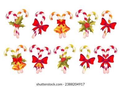 Colección de dulces de Navidad decorados. Los caramelos de Navidad adornados con el arco rojo, las campanas. Caña de caramelo.