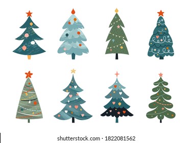 Collection of decorated Christmas trees. Colorful vector illustration in flat cartoon style