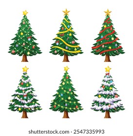 Collection of decorated Christmas trees with ornaments, garlands, and stars on top. Vector cartoon illustration