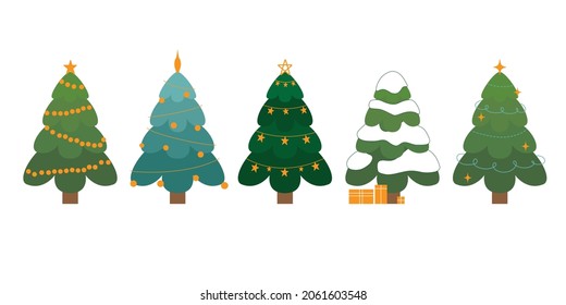 Collection of decorated Christmas trees, pines for greeting card, invitation, banner, web. New Years and xmas traditional symbol tree with garlands, light bulb, star. Winter holiday.