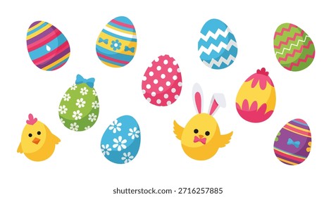 Colección de huevos de Pascua y pollitos decorados, varios patrones y colores.
