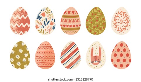 Collection of decorated Easter eggs isolated on white background. Bundle of symbols of religious holiday covered with different ornaments - flowers, stripes, dots. Seasonal flat vector illustration.