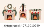Collection of decorated fireplaces with burning fire, candles, wreaths, stockings and evergreen branches. Flat vector illustration. Christmas and winter holiday concept