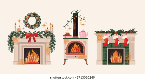 Colección de chimeneas decoradas con fuego ardiente, velas, coronas, medias y ramas de hoja perenne. Ilustración vectorial plana. Navidades y concepto de vacaciones de invierno