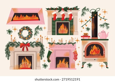 Colección de chimeneas decoradas con fuego ardiente, velas, coronas, medias y ramas de hoja perenne. Ilustración vectorial plana. Navidades y concepto de vacaciones de invierno