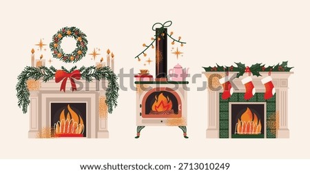 Collection of decorated fireplaces with burning fire, candles, wreaths, stockings and evergreen branches. Flat vector illustration. Christmas and winter holiday concept