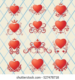 Collection of decorated hearts. It is fashionable to be used as dividers, decoration, design postcards, invitations, wedding, Valentine's Day. Interesting background. Vector illustration.
