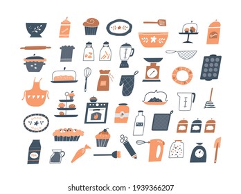 Conjunto de imágenes prediseñadas decorativas: objetos de cocina, platos, comidas, utensilios de horneado, elementos de horneado de estilo doodle. Dibujo manual de ilustración vectorial.