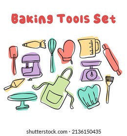 Collection of decorating clip art: kitchen objects, dishes, meals, baking utensils, baking elements in doodle style isolated on white. Hand drawn cartoon vector illustration.