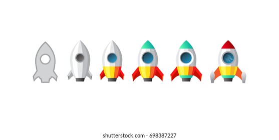 Collection of decoration icons for games. Set of cartoon polygonal rocket ship.  Modification of one missile. Rocket upgrade. Isolated vector illustration.