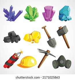 Collection of decoration icons for mining game. Set of cartoon picking tools, stones, crystals, ores and gems. Vector illustration.