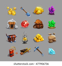 Collection Of Decoration Icons For Mining Strategy Game. Set Of Cartoon Picking Tools, Stones, Crystals, Ores And Gems. Vector Illustration.