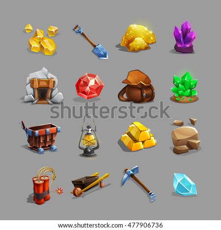 Collection of decoration icons for mining strategy game. Set of cartoon picking tools, stones, crystals, ores and gems. Vector illustration.