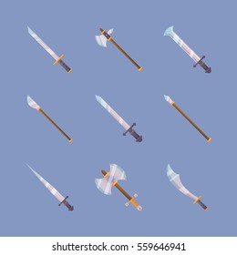 Collection of decoration weapon for game on blue background. Set of medieval cartoon weapon. Vector illustration of sword, spear, axe.