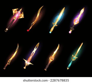 Colección de arma decorativa para juegos. Juego de armas vectoriales de juego de espada mágica, juego de cuchillas brillante de fantasía medieval de dibujos animados. Pañuelo de neón caballero, cuchillo mágico de alquimia guerrera