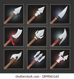 Colección de arma decorativa para juegos. Juego de armas de plata. Ilustración vectorial.