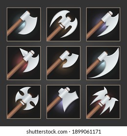 Colección de arma decorativa para juegos. Conjunto de ejes de dibujos animados de plata. Ilustración vectorial.