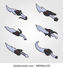 Colección de arma decorativa para juegos. Juego de cuchillos de dibujos animados de plata. Ilustración vectorial.