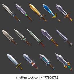 Collection of decoration weapon for games. Set of medieval cartoon swords. Vector illustration.