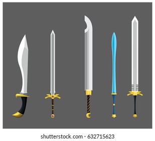 Collection of decoration weapon for games. Set of medieval cartoon swords on gray  background.