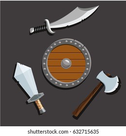 Collection of decoration weapon for games. Set of medieval cartoon Swords with Shield.