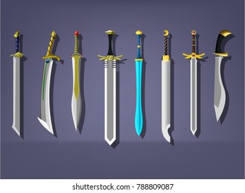 Collection of decoration weapon for games. Set of medieval  fantasy cartoon swords. Vector illustration.