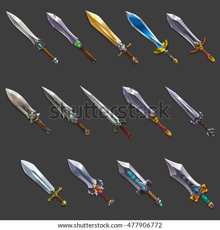 Collection of decoration weapon for games. Set of medieval cartoon swords. Vector illustration.