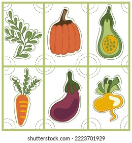 Colección de elementos decorativos abstractos de tarjeta y doodle sobre: verduras, perejil, calabaza, calabaza, zanahoria, berenjena, nabo. Ilustración vectorial.