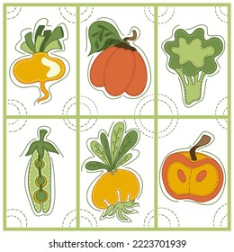 Collection of decorative abstract card and doodle elements about: fruits and vegetables, turnip, pumpkin, broccoli, peas, onion, apple. Vector illustration.