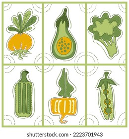 Collection of decorative abstract card and doodle elements about: vegetables, onion, avocado, broccoli, zucchini, turnip, peas. Vector illustration.