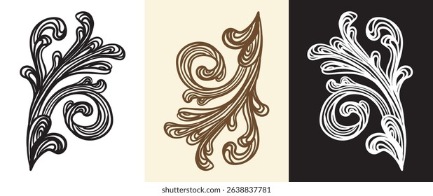 Collection of decorative abstract scroll design elements. Hand drawing swirl retro pattern. Vintage wedding ornament and monogram. Vector illustration for decoration, cards, invitation, label