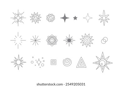 Coleção de estrelas abstratas decorativas e faíscas. Ilustração de vetor de arte desenhada à mão. Conjunto de elementos de design moderno. Mística, arte esotérica para tatuagem, tecido, tarô, astrologia, papel de embrulho