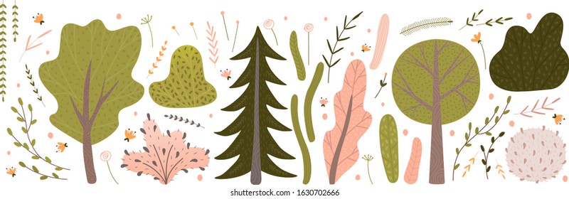 Collection of decorative abstract tree, bush, branch, leaf, flower, spruce, grass. minimalism, vector graphics