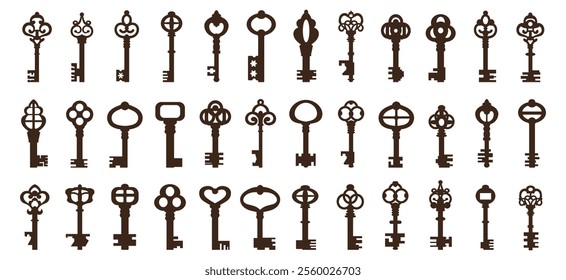 Collection of decorative antique keys with intricate patterns on white background.