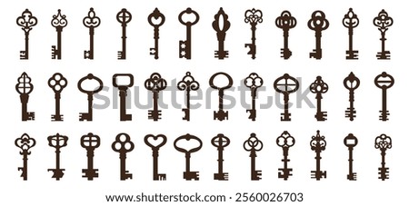 Collection of decorative antique keys with intricate patterns on white background.