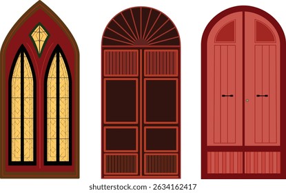 A collection of decorative arched wooden doors and gothic windows in EPS vector format. The design features elegant stained glass, intricate paneling, and detailed wood textures, suitable for architec