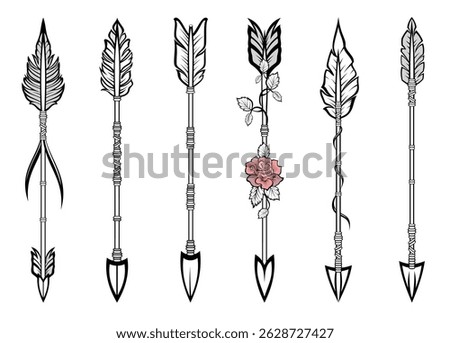 Collection of decorative arrows. Vector decorative arrow with rose. Arrow design set