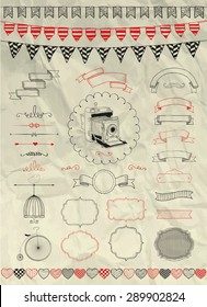 Collection of Decorative Artistic Colorful Hand Sketched Doodle Banners, Ribbons, Frames and Objects on Crumpled Paper Texture. Design Elements. Pen Drawing. Vintage Vector Illustration. Party, Flags