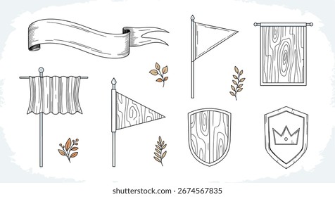 Una colección de Anuncios decorativos banderas escudos e ilustraciones de follaje