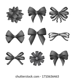 Collection of decorative black bows. Funeral procession decor isolated on white background. Vector illustration